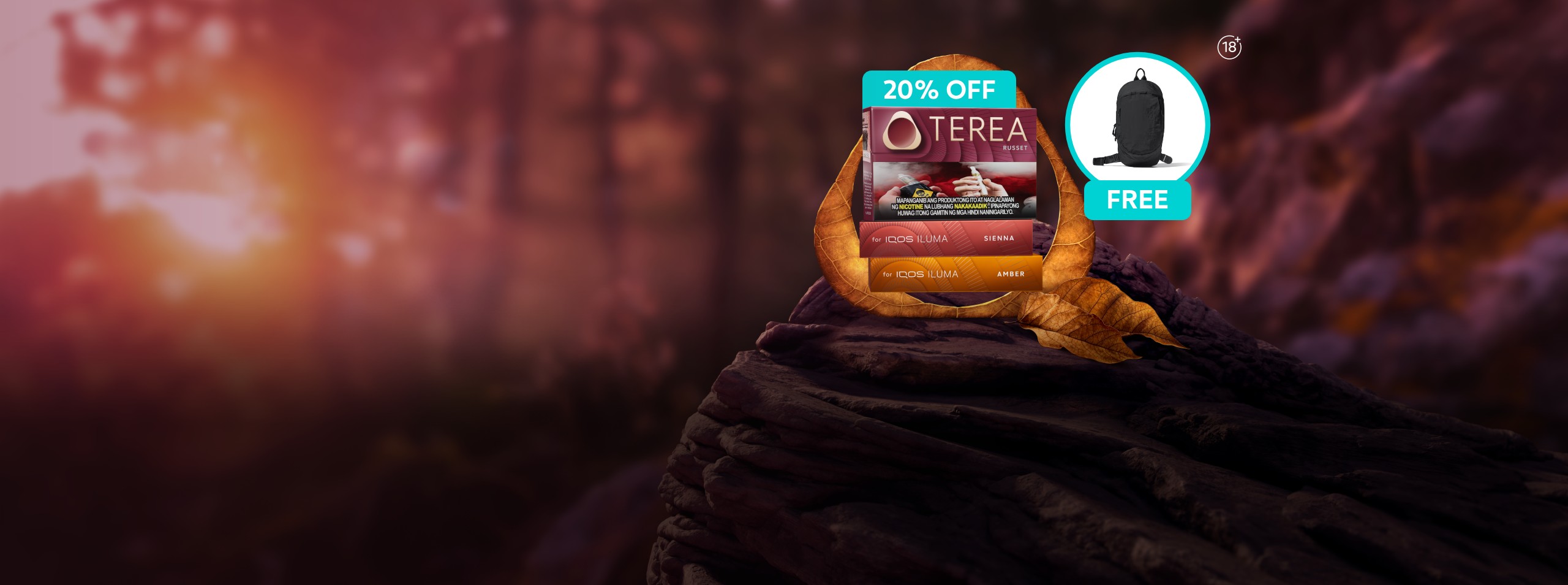 TEREA tobacco stick packs and an IQOS device showcased against a scenic sunrise landscape, framed by a dried leaf for a premium, nature‑inspired product presentation.